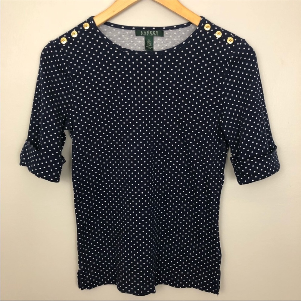Lauren Ralph Lauren Navy Blue White Polka Dot Top